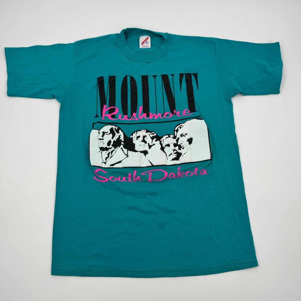 Vintage 80s‎ Jerzees Mount Rushmore South Dakota T-Shirt Teal Single Stitch M
